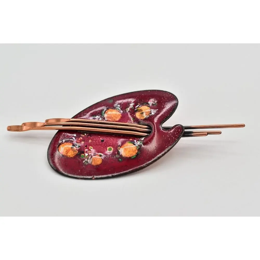 Matisse Renoir Palette Brooch Pin Copper Red Enamel Vintage Signed 1950s BinBG